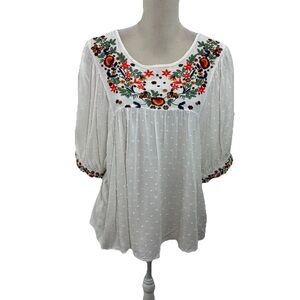 Solitaire White Swiss Dot Embroidered Blouse Womens Medium Relaxed Short Sleeve